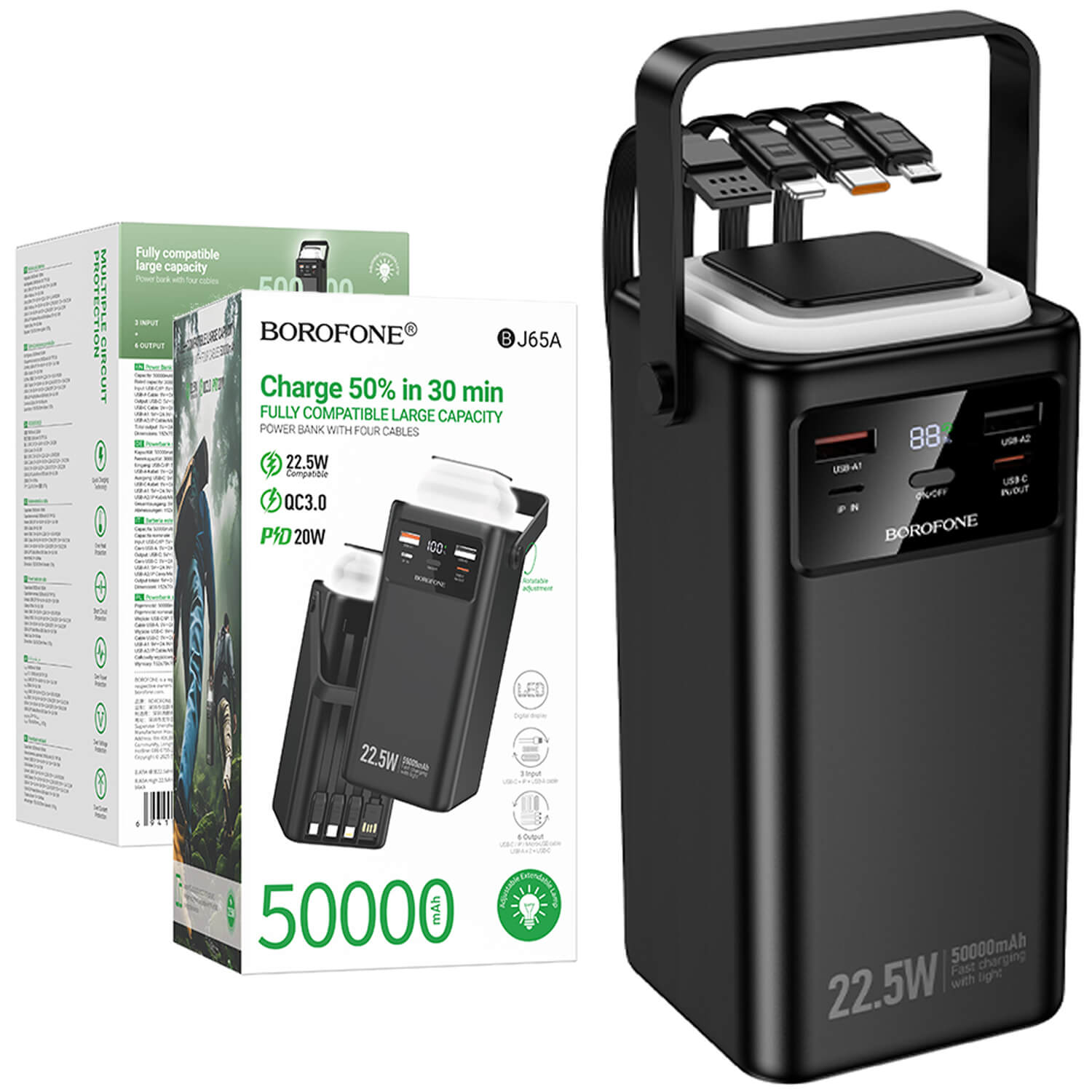 Borofone BJ65A 50,000mAh High Capacity 22.5W+PD20W 4 Cables Portable Power Bank (Black) Borofone BJ65A 50,000mAh High Capacity 22.5W+PD20W 4 Cables Portable Power Bank (Black)